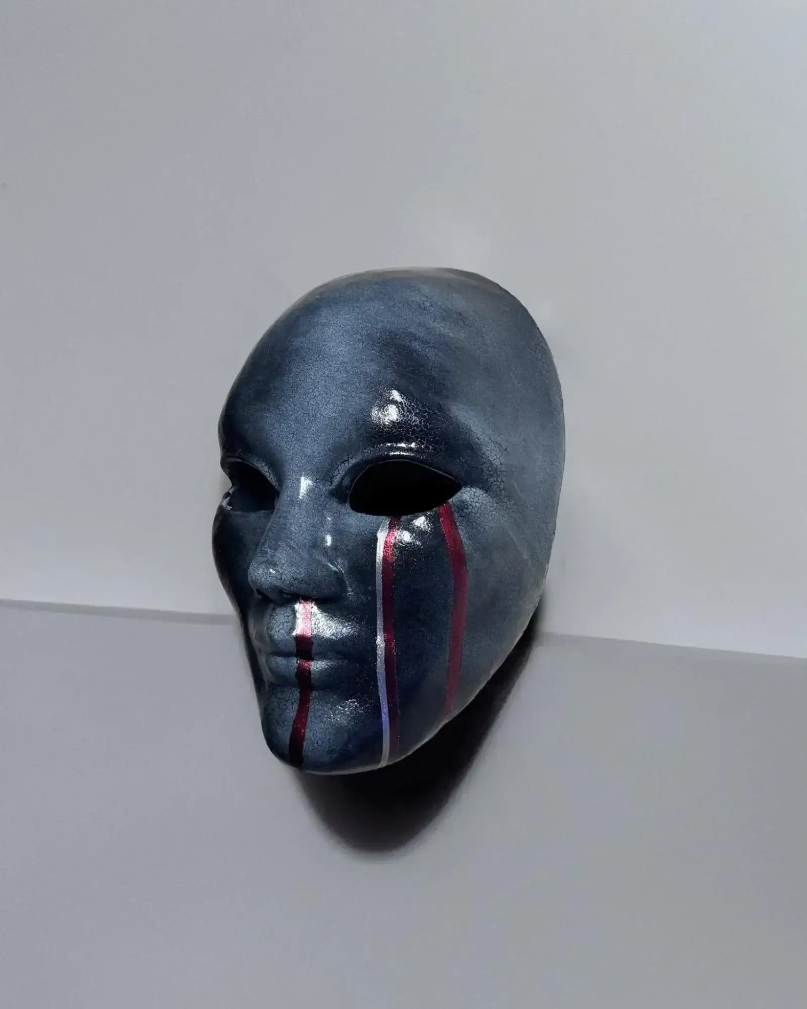 Dark Silver Crackle Face with Red Stripes; Abstract Art Mask - handcrafted Venetian mask for cosplay and fantasy events.