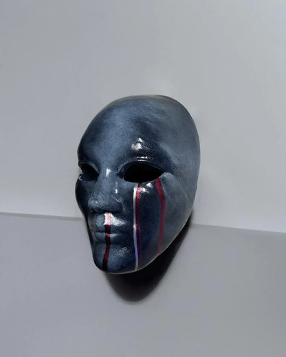Dark Silver Crackle Face with Red Stripes; Abstract Art Mask - handcrafted Venetian mask for cosplay and fantasy events.
