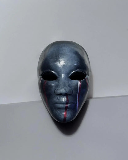 Dark Silver Crackle Face with Red Stripes; Abstract Art Mask - handcrafted Venetian mask for cosplay and fantasy events.