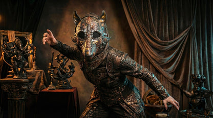 Egyptian Dog Skull Halloween Mask: Antique Motifs, Fancy embroidery detail, Gothic Masquerade - Venemask