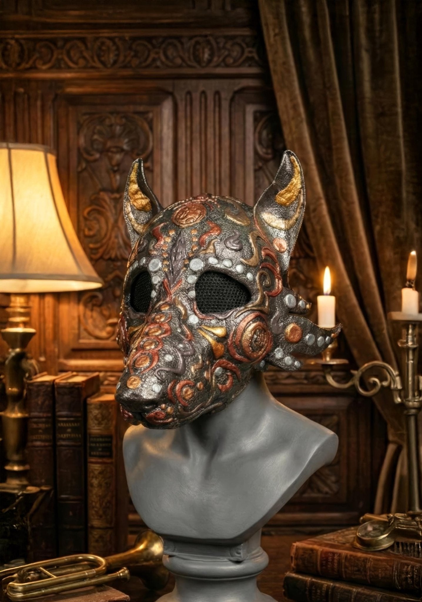 Egyptian Dog Skull Halloween Mask: Antique Motifs, Fancy embroidery detail, Gothic Masquerade - Venemask