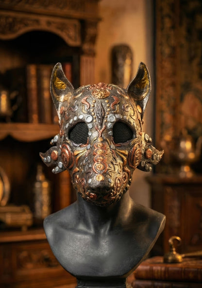 Egyptian Dog Skull Halloween Mask: Antique Motifs, Fancy embroidery detail, Gothic Masquerade - Venemask