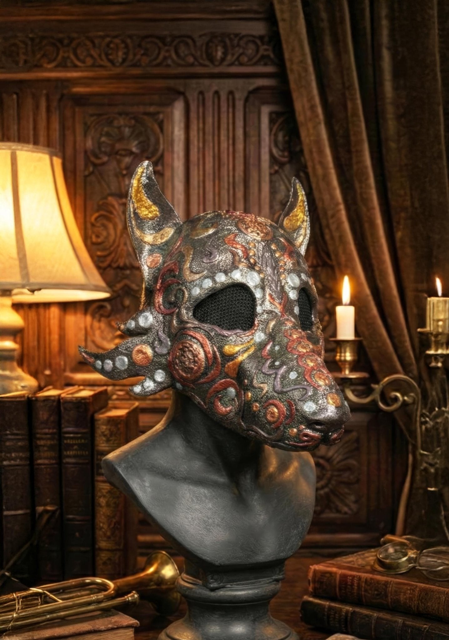 Egyptian Dog Skull Halloween Mask: Antique Motifs, Fancy embroidery detail, Gothic Masquerade - Venemask