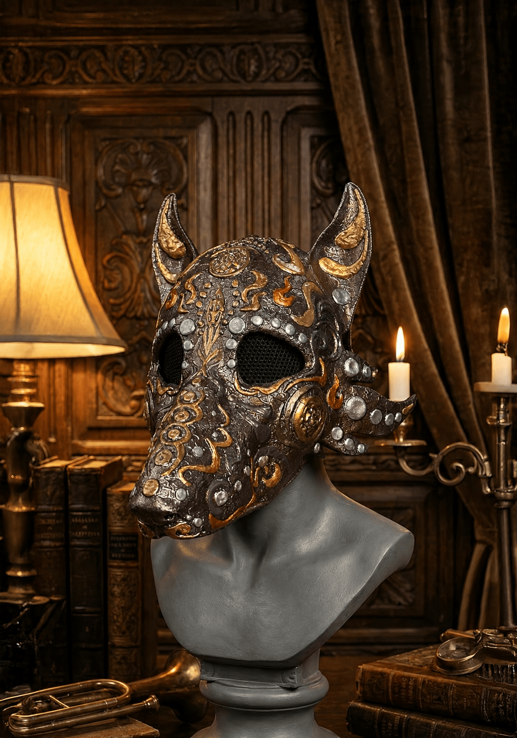 Egyptian Dog Skull Mask: Antique Motifs, Fancy embroidery detail - Venemask