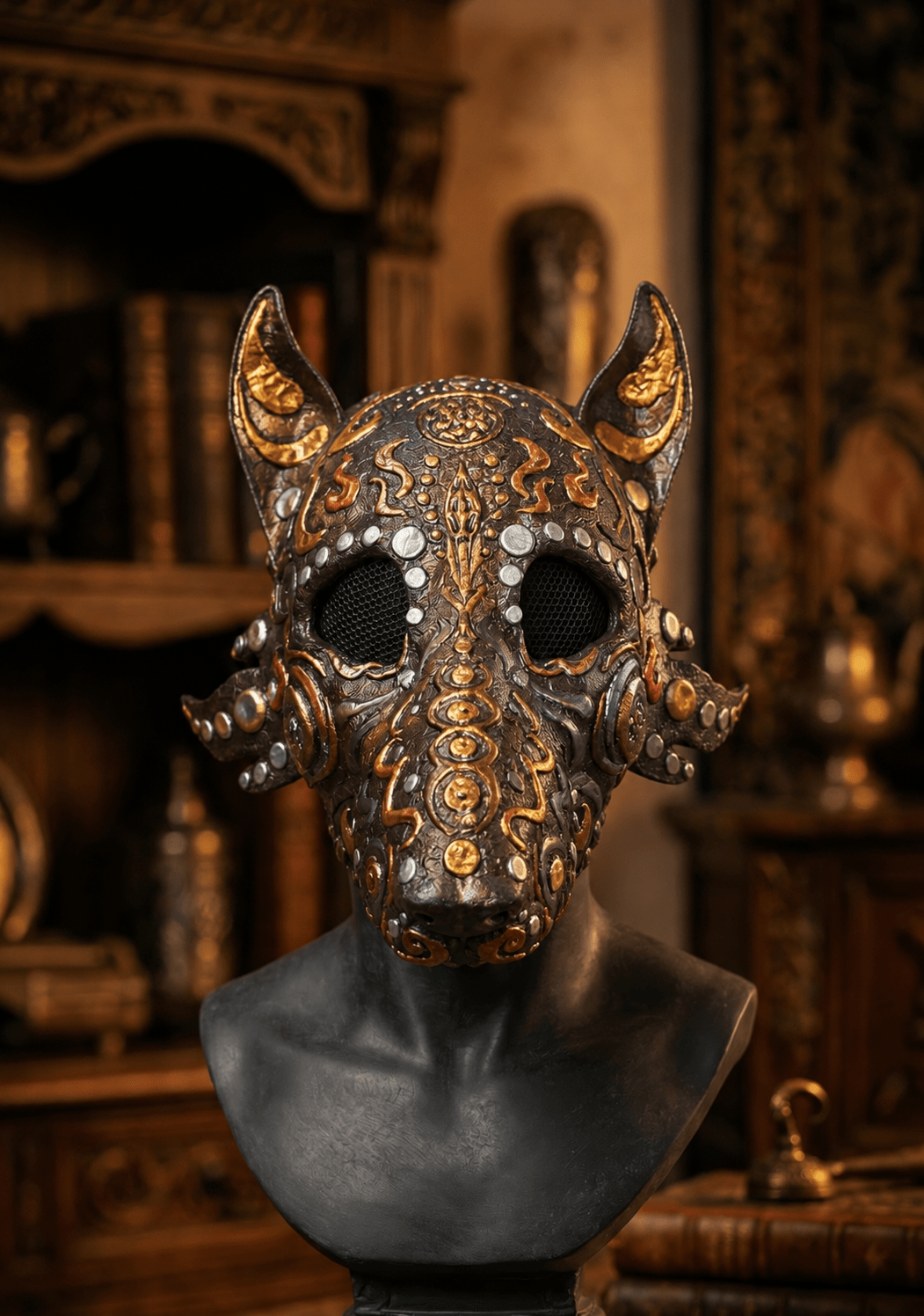 Egyptian Dog Skull Mask: Antique Motifs, Fancy embroidery detail - Venemask