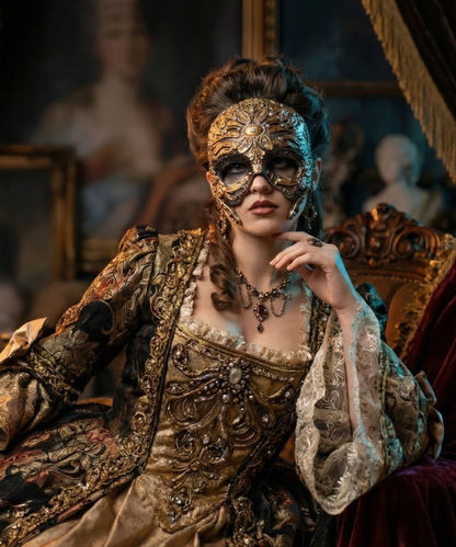 Half Skull with Antique Motifs and Stones, fancy embroidery detail mask worn by a seated woman in a historical costume.