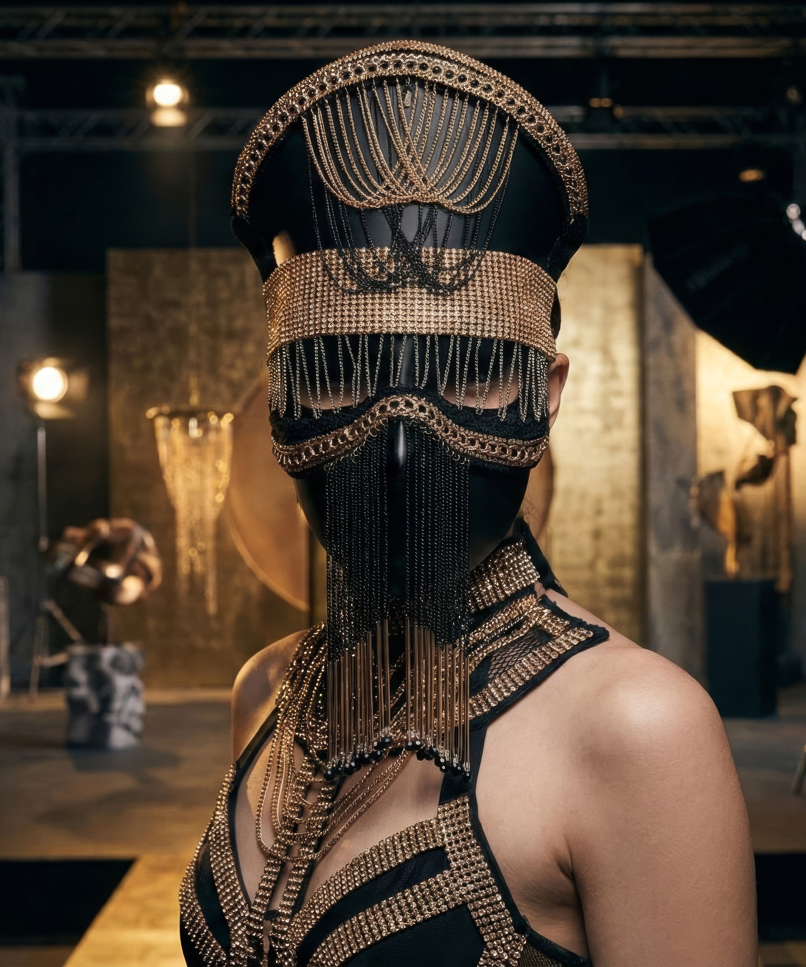 Nocturne Crown the Black Sultan; Mystic Chain Royal Veil, Velvet Dusk, Black & Gold luxury mask, handcrafted Venetian cosplay fantasy.