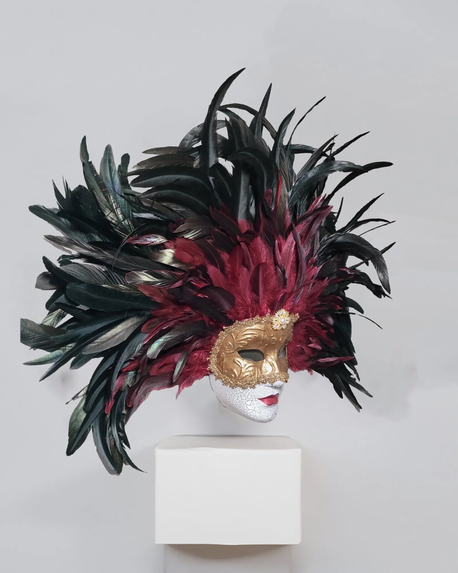 Eyes Wide Shut Inspired - Bill Harford and Red Burgundy Mandy Feathers Mask handcrafted Venetian cosplay fantasy