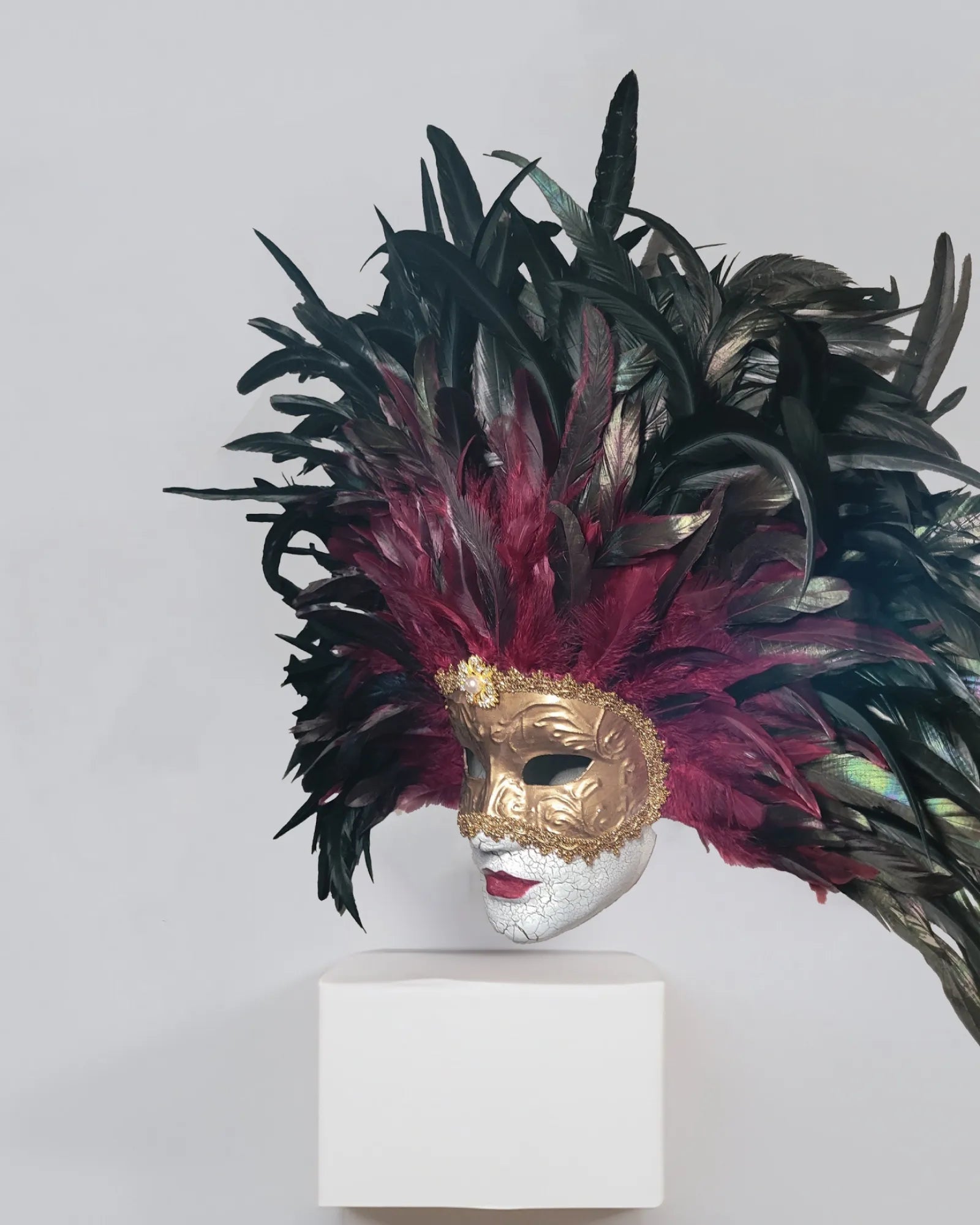 Eyes Wide Shut Inspired - Bill Harford and Red Burgundy Mandy Feathers Mask, handcrafted Venetian cosplay fantasy mask with Swarovski-like stones