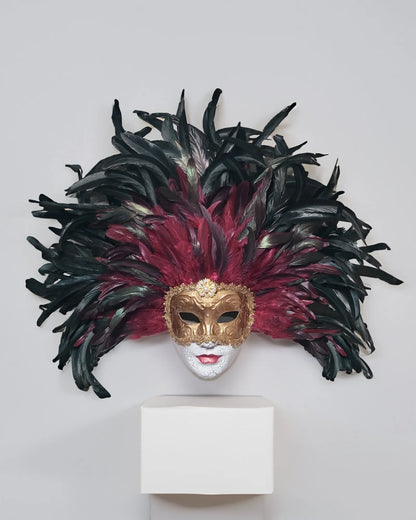 Eyes Wide Shut Inspired - Bill Harford and Red Burgundy Mandy Feathers Mask, handcrafted Venetian cosplay fantasy mask