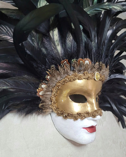 Eyes Wide Shut handcrafted venetian mask featuring fantasy cosplay design with ornate detailing and black feather embellishments.