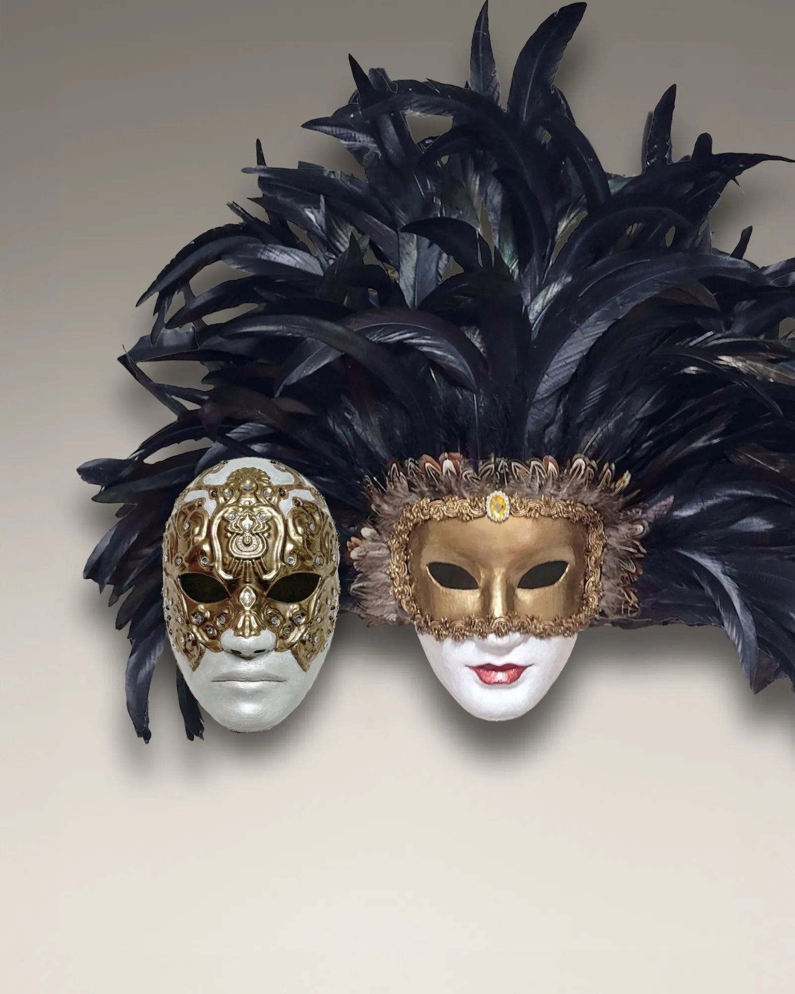 Eyes Wide Shut handcrafted Venetian mask pack for cosplay and fantasy, featuring Bill Harford and Mandy designs with feathers.