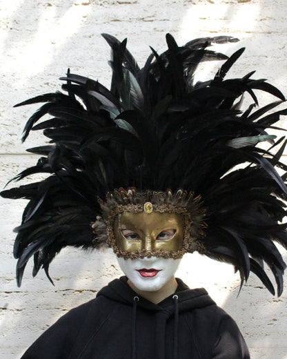 Person wearing a handcrafted Eyes Wide Shut venetian mask with black feathers, ideal for cosplay and fantasy themes.