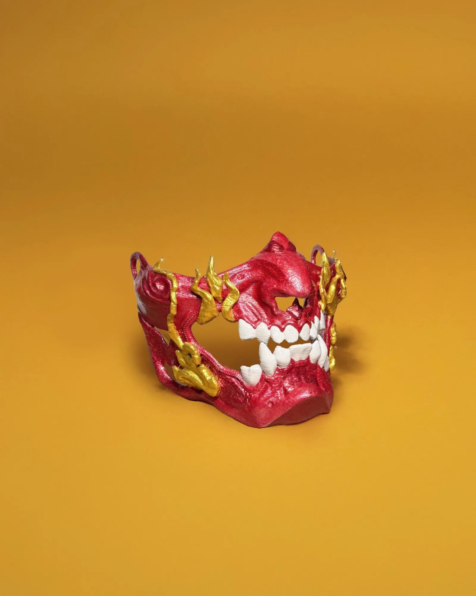 Fire Red Gold Samurai Demon Oni; red Oni demons mask with gold teeth handcrafted Venetian cosplay fantasy mask