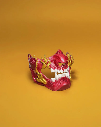 Fire Red Gold Samurai Demon Oni; red Oni demons mask with gold teeth handcrafted Venetian cosplay fantasy mask