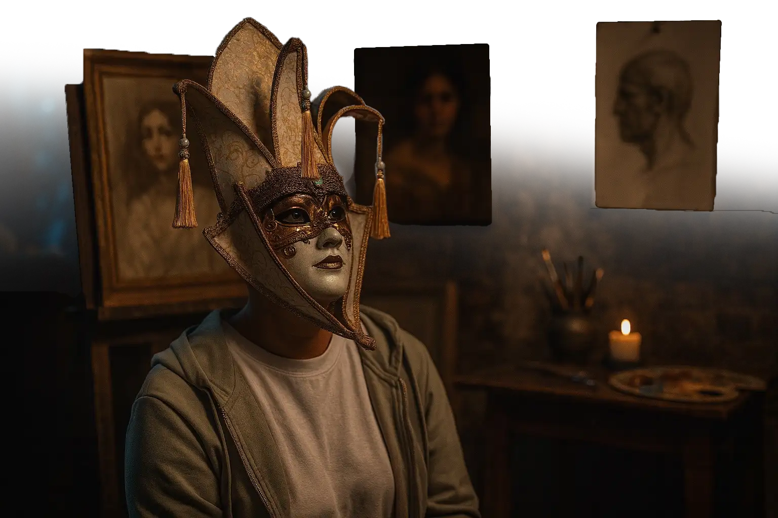 Gold and black ornate mask with tassels