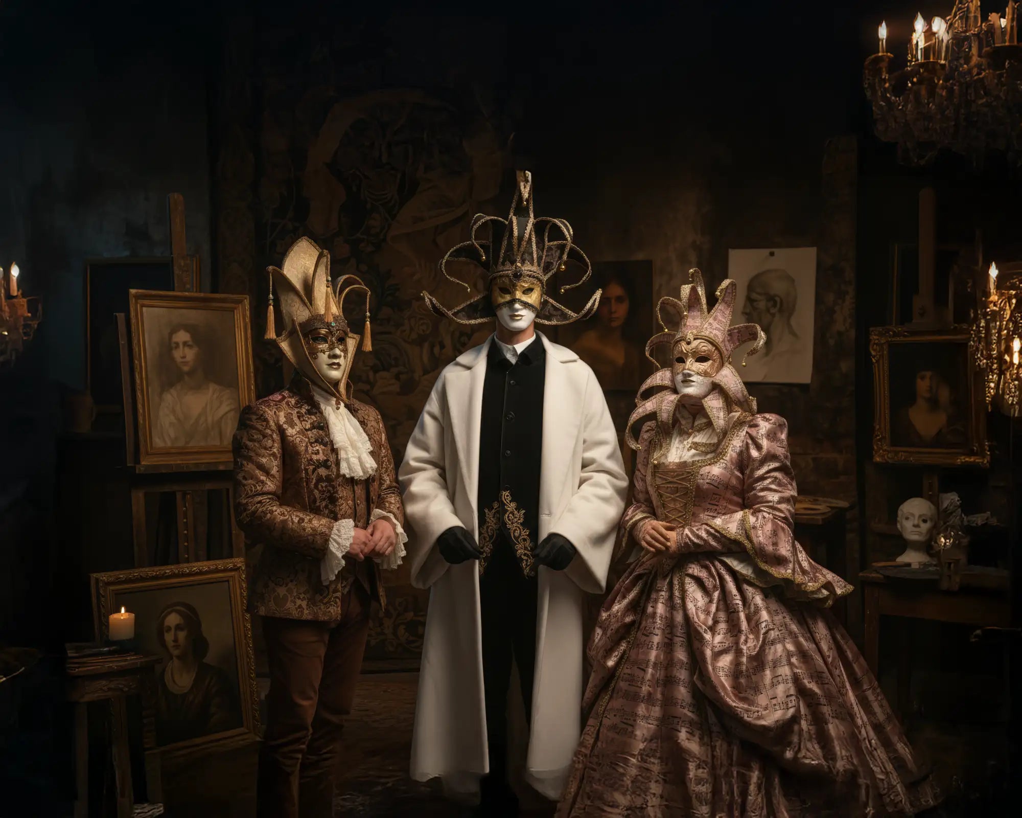 Gold and brown baroque-style dress with intricate lace detailing.