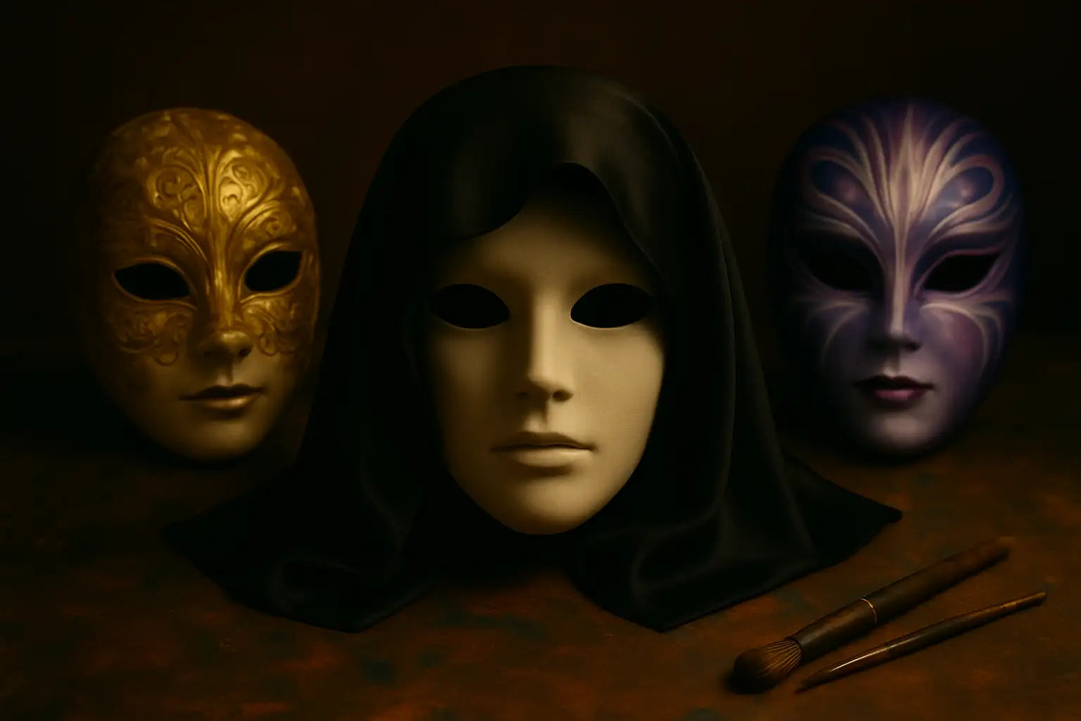 Gold ornate mask with intricate detailing and a black hooded cloak.