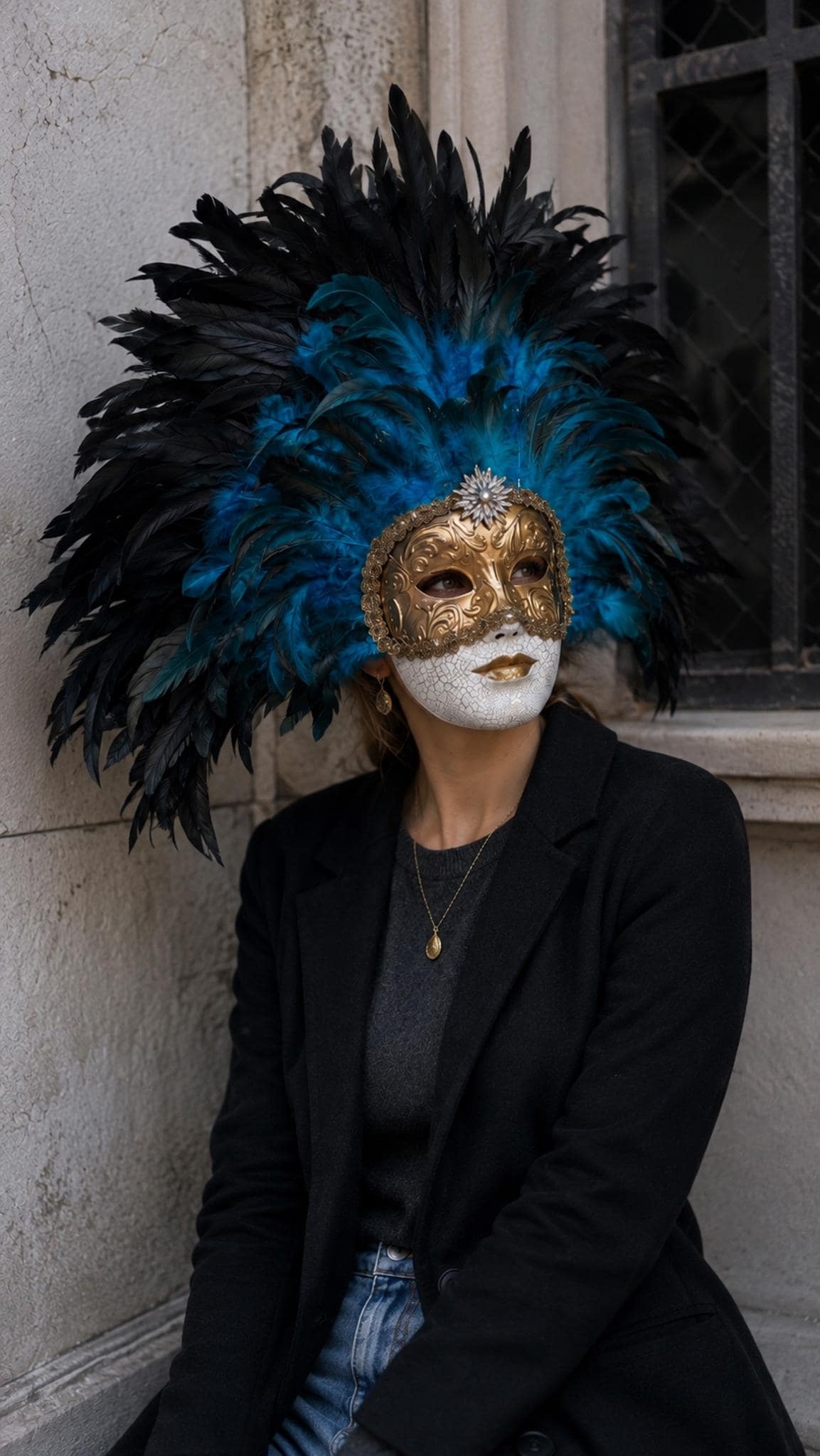 Gold Venetian Mask with Blue Feather Headdress: Mardi Gras Mask, Masquerade Ball Costume, eyes wide shut - Venemask