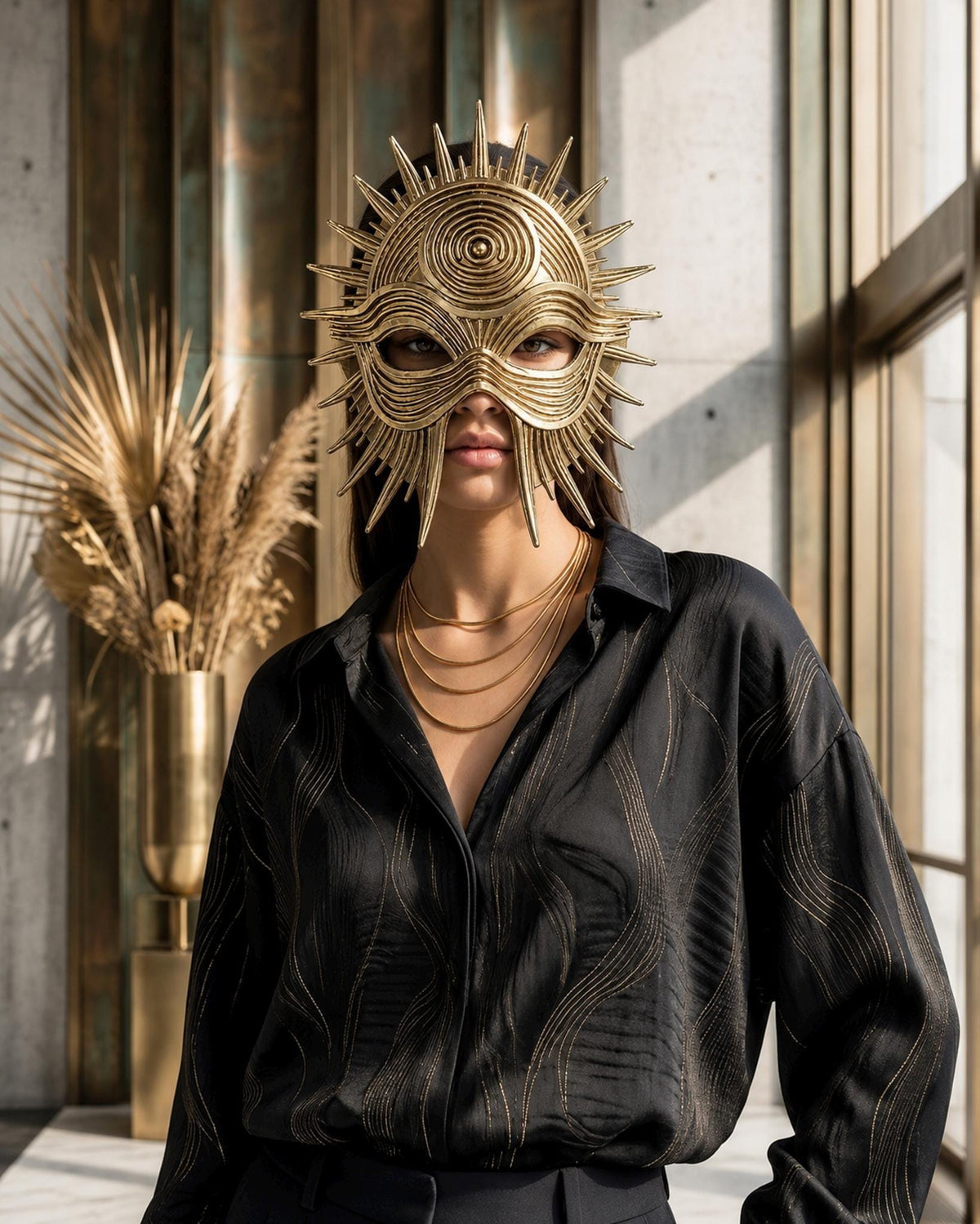 Golden Eclipse, Celestial Sun God Masquerade Mask, Fantasy Oracle Costume, Gold Ritual Wall Decor - Venemask