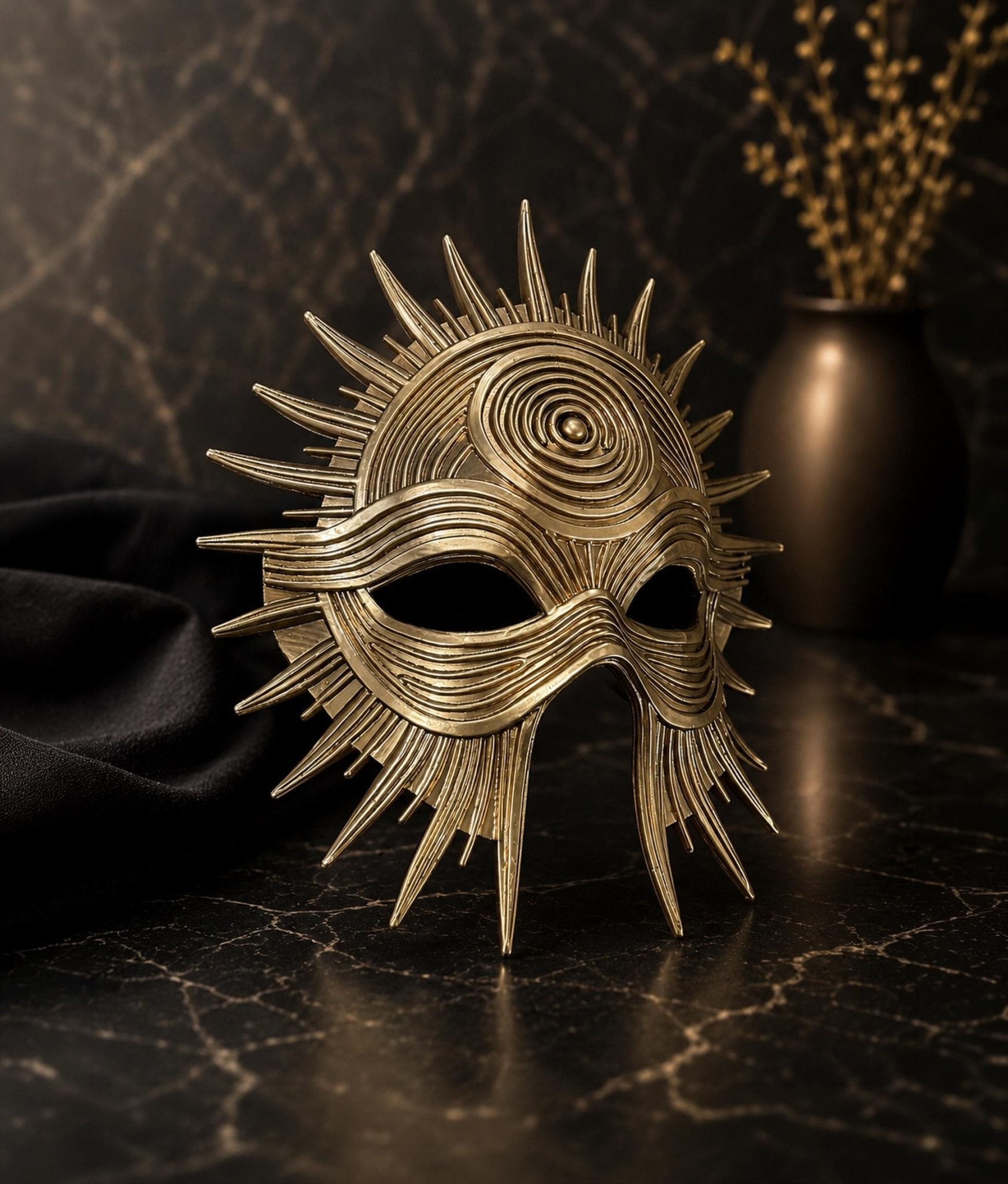 Golden Eclipse, Celestial Sun God Masquerade Mask, Fantasy Oracle Costume, Gold Ritual Wall Decor - Venemask
