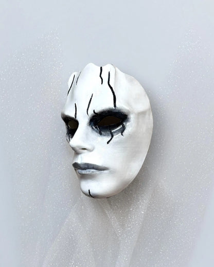 Gothic Face Venetian; White Face with Black lines, Masquerade Party Mask, handcrafted, venetian cosplay fantasy mask hanging on wall.