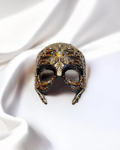 Half Skull with Antique Motifs and Stones, fancy embroidery detail mask, handcrafted venetian mask for cosplay, fantasy and masquerade.