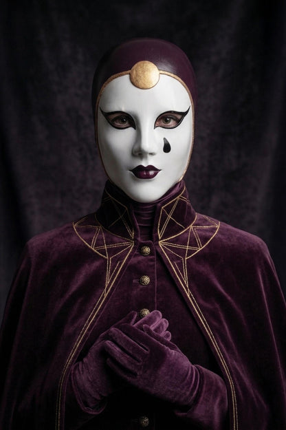 Handmade Venetian Pierrot Mask: White Burgundy Gold Detail, Masquerade Wall Art - Venemask