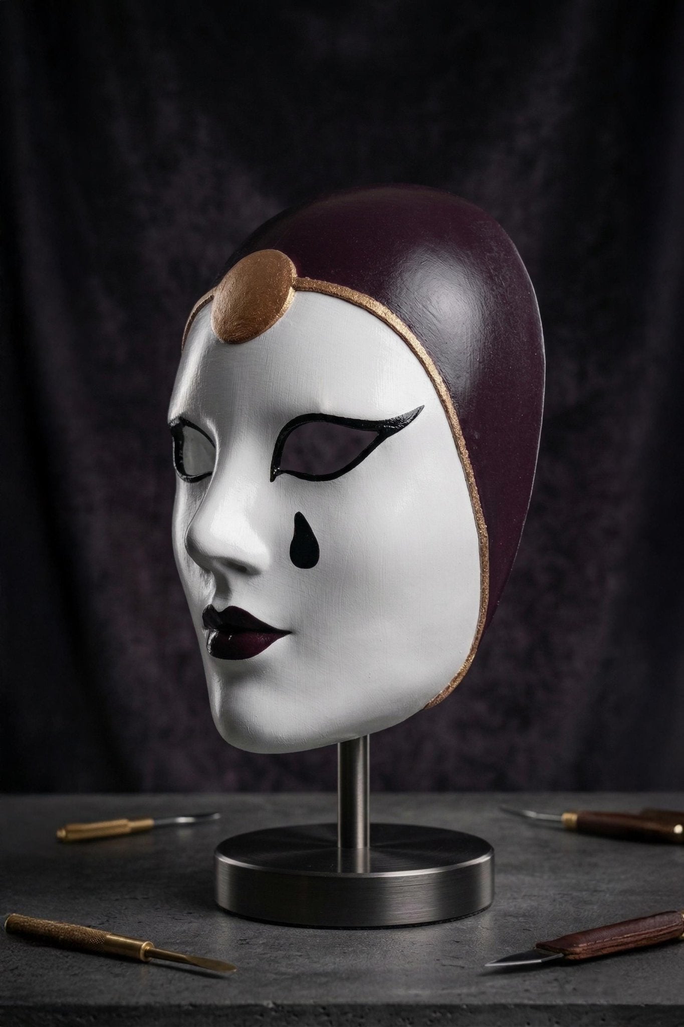 Handmade Venetian Pierrot Mask: White Burgundy Gold Detail, Masquerade Wall Art - Venemask