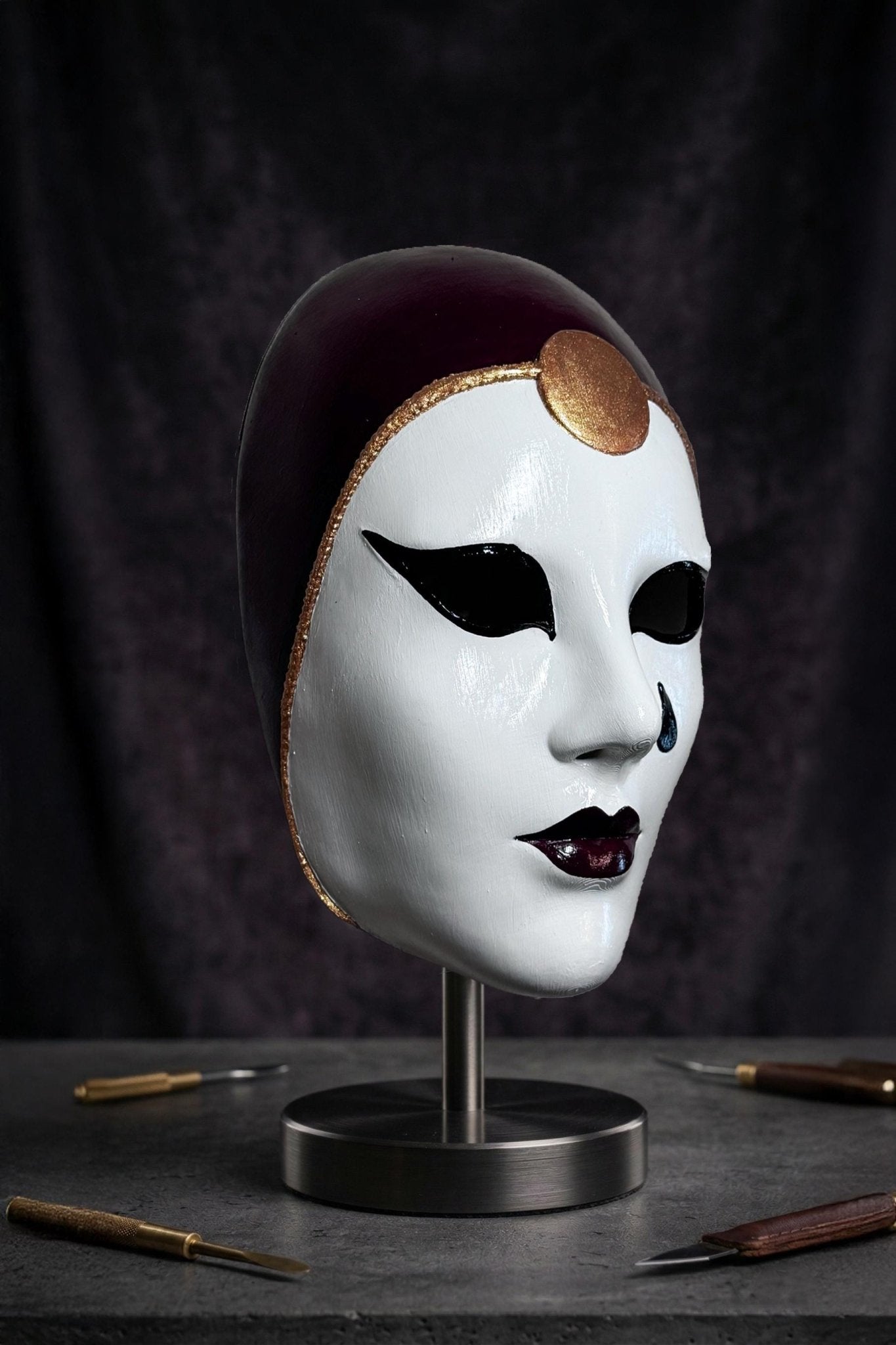 Handmade Venetian Pierrot Mask: White Burgundy Gold Detail, Masquerade Wall Art - Venemask