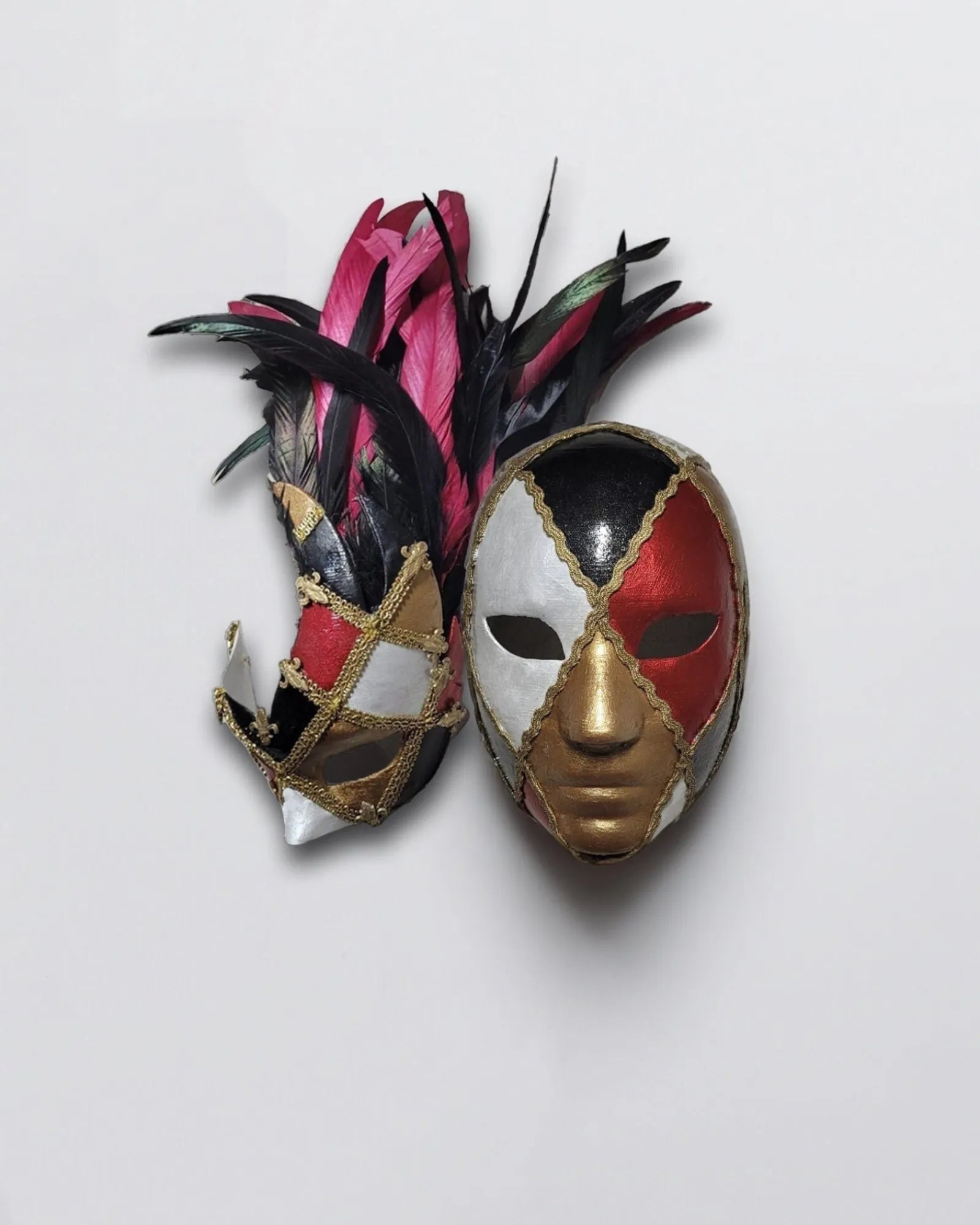 Handcrafted Harlequin venetian mask for cosplay with fantasy design, featuring unique hand-painted details and removable straps.
