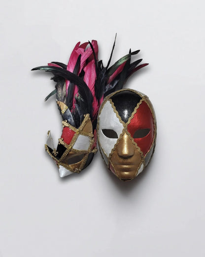 Handcrafted Harlequin venetian mask for cosplay with fantasy design, featuring unique hand-painted details and removable straps.