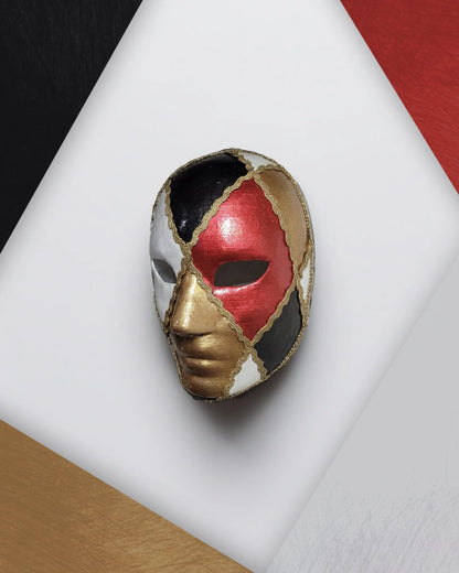 Harlequin Style Red, Gold, Black and White - Venetian, Bauta Mask handcrafted for cosplay and fantasy events.