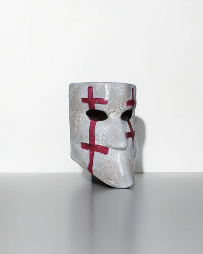 Handcrafted Historical Venetian Bauta; Red Accents on White, Traditional Crusades mask for cosplay and fantasy events.