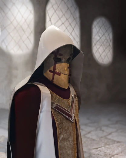 Historical Venetian Bauta; Red Accents on White, Traditional Crusades mask in an ornate, dimly-lit room, perfect for fantasy cosplay.