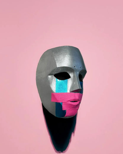 Hollywood Undead Deuce; 2010, Metal Look, Pink Tape, Tha Produca Big Deuce mask, handcrafted Venetian cosplay fantasy mask on pink background