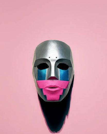 Hollywood Undead Deuce; 2010, Metal Look, Pink Tape, Tha Produca Big Deuce mask, handcrafted Venetian cosplay fantasy mask on pink background.