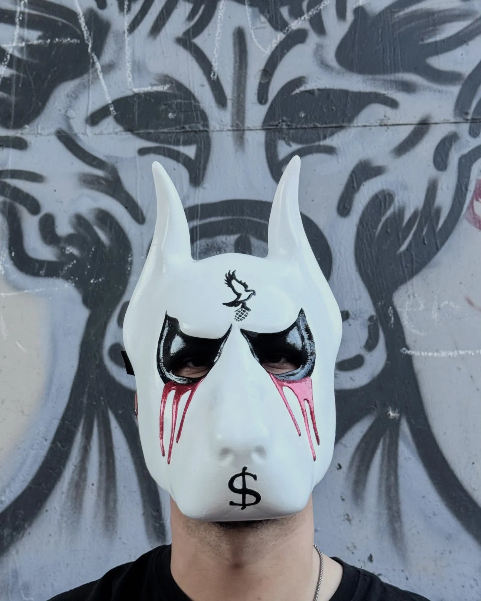 Hollywood Undead J-Dog Inspired; Cartoonish Dog, Blood and Dolar Helmet handcrafted Venetian cosplay mask with fantasy design.