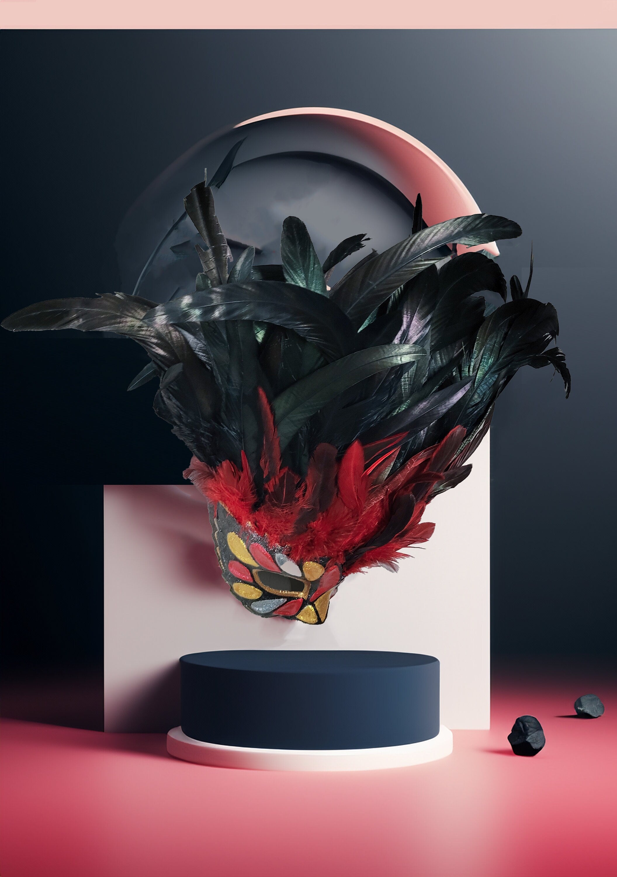 Incas Inspired Venetian Mask - Luxurious Red & Black Feathers with Gold Red - Venemask