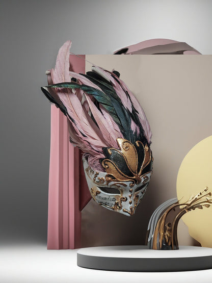 Chic Winged Crown Venetian Mask - Delicate Powder Pink with Black Feathers -