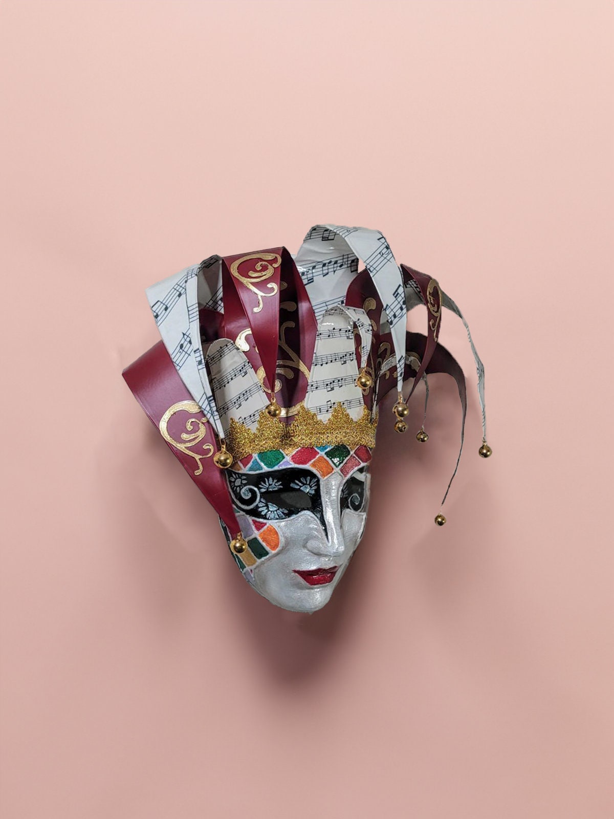 Red and White Jester Mask - Venetian Mask - Rio Venice Carnival - Colorfull Face