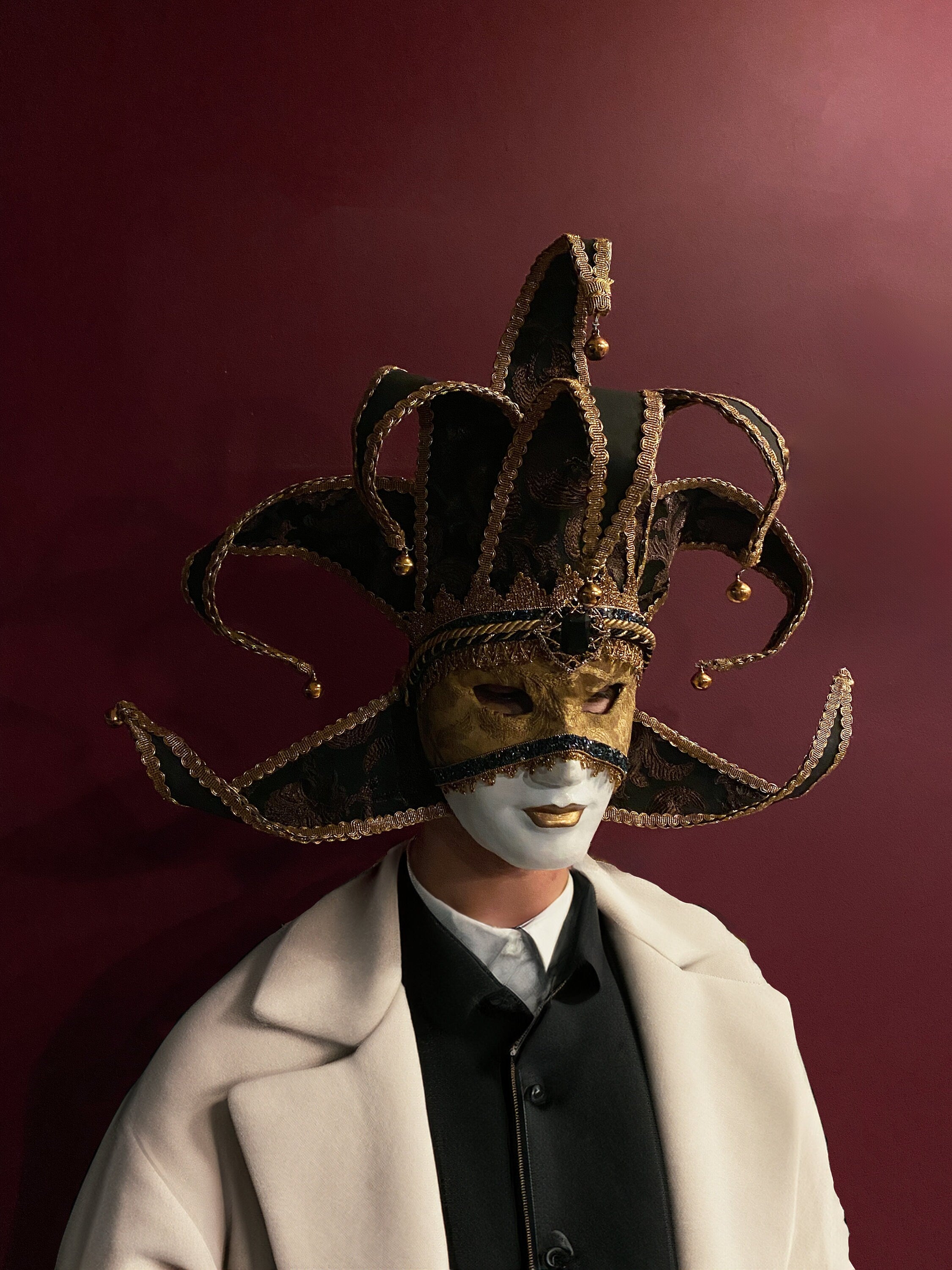 Black and Gold Luxury Jester Mask - Venetian Mask - Luxurious Fabric Mask -