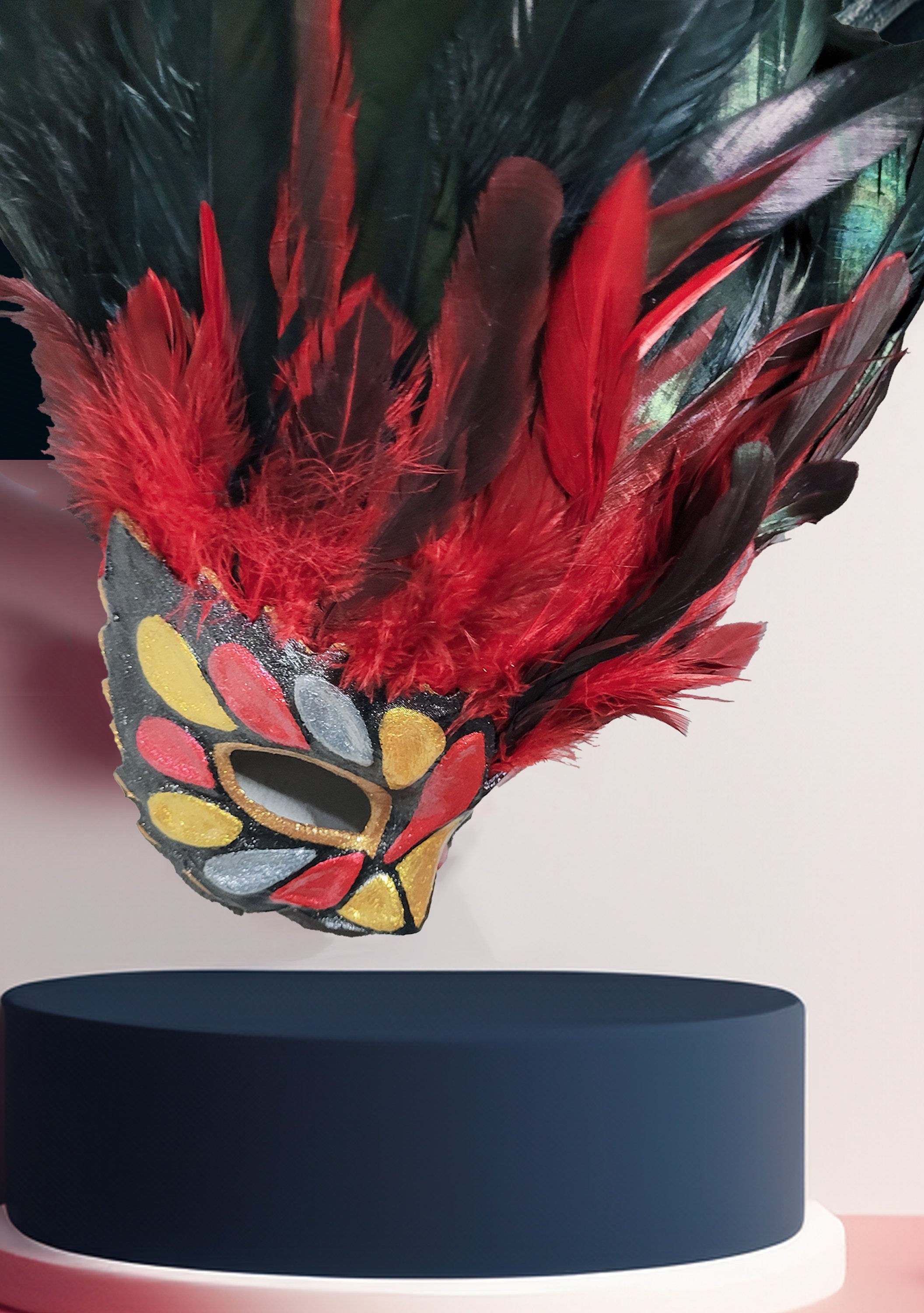 Incas Inspired Venetian Mask - Luxurious Red & Black Feathers with Gold Red - Venemask