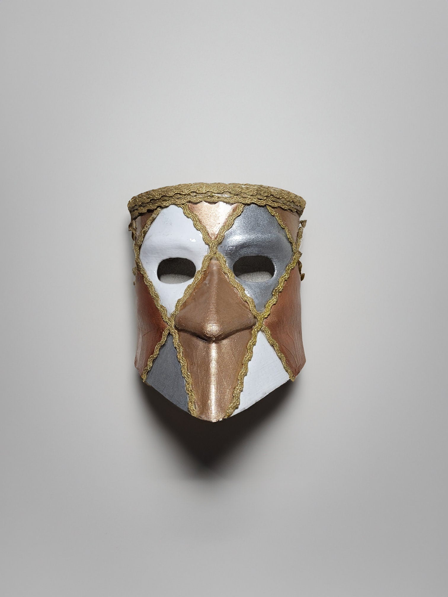 Traditional Bronze, White and Gray Bauta Mask - Venetian Mask - Decorated with