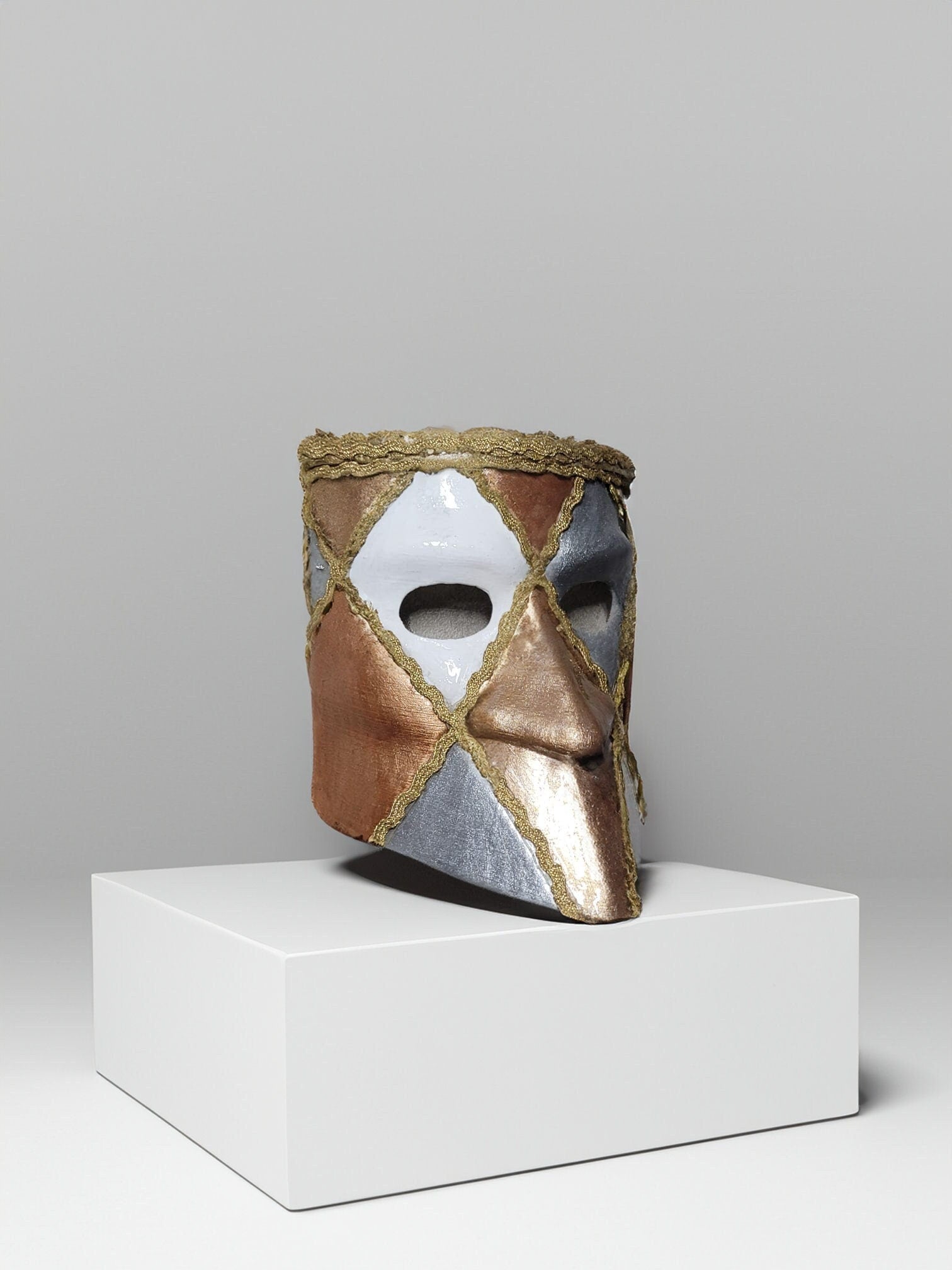 Traditional Bronze, White and Gray Bauta Mask - Venetian Mask - Decorated with