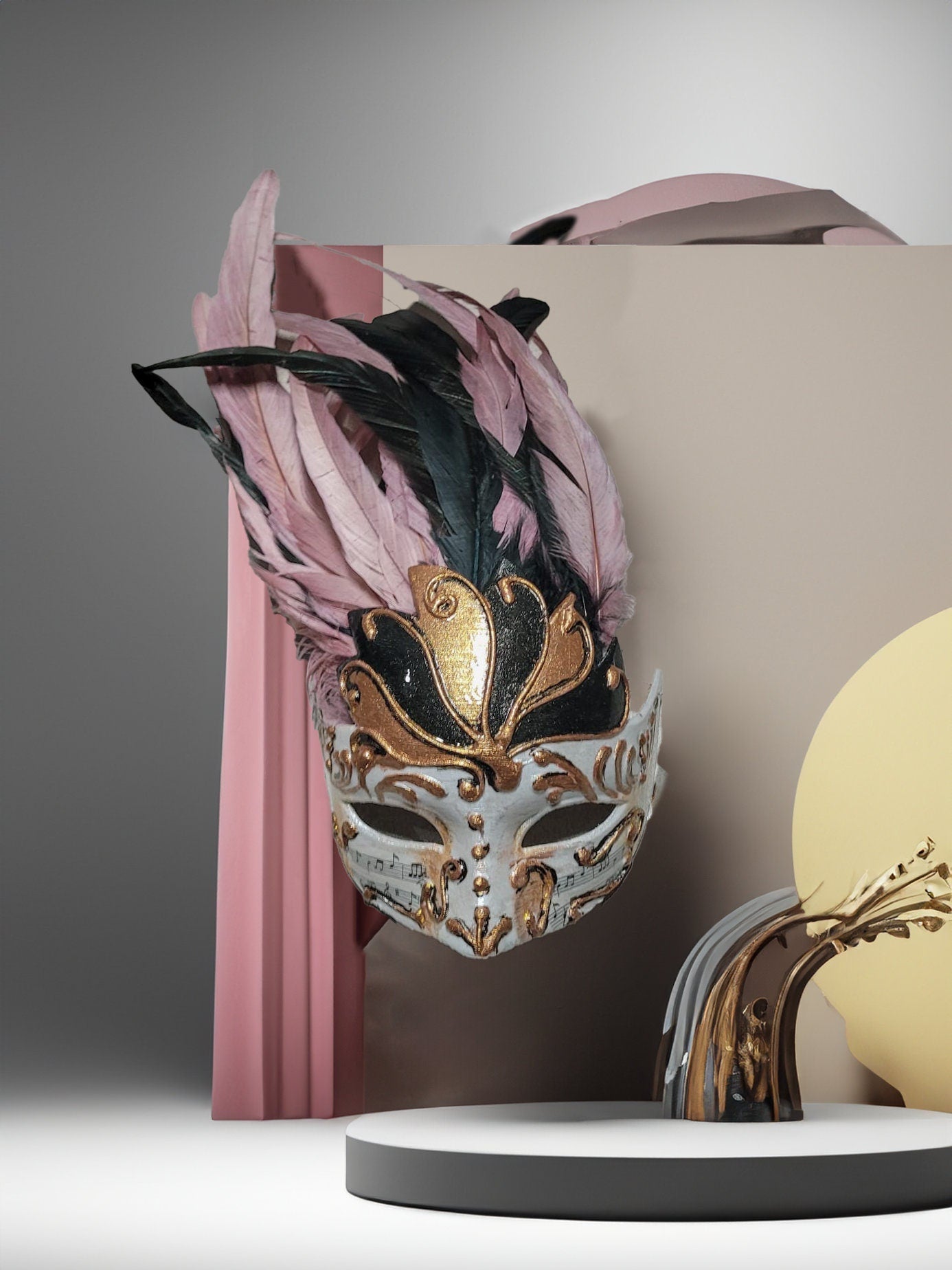 Chic Winged Crown Venetian Mask - Delicate Powder Pink with Black Feathers -