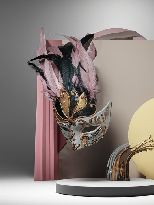 Chic Winged Crown Venetian Mask - Delicate Powder Pink with Black Feathers -