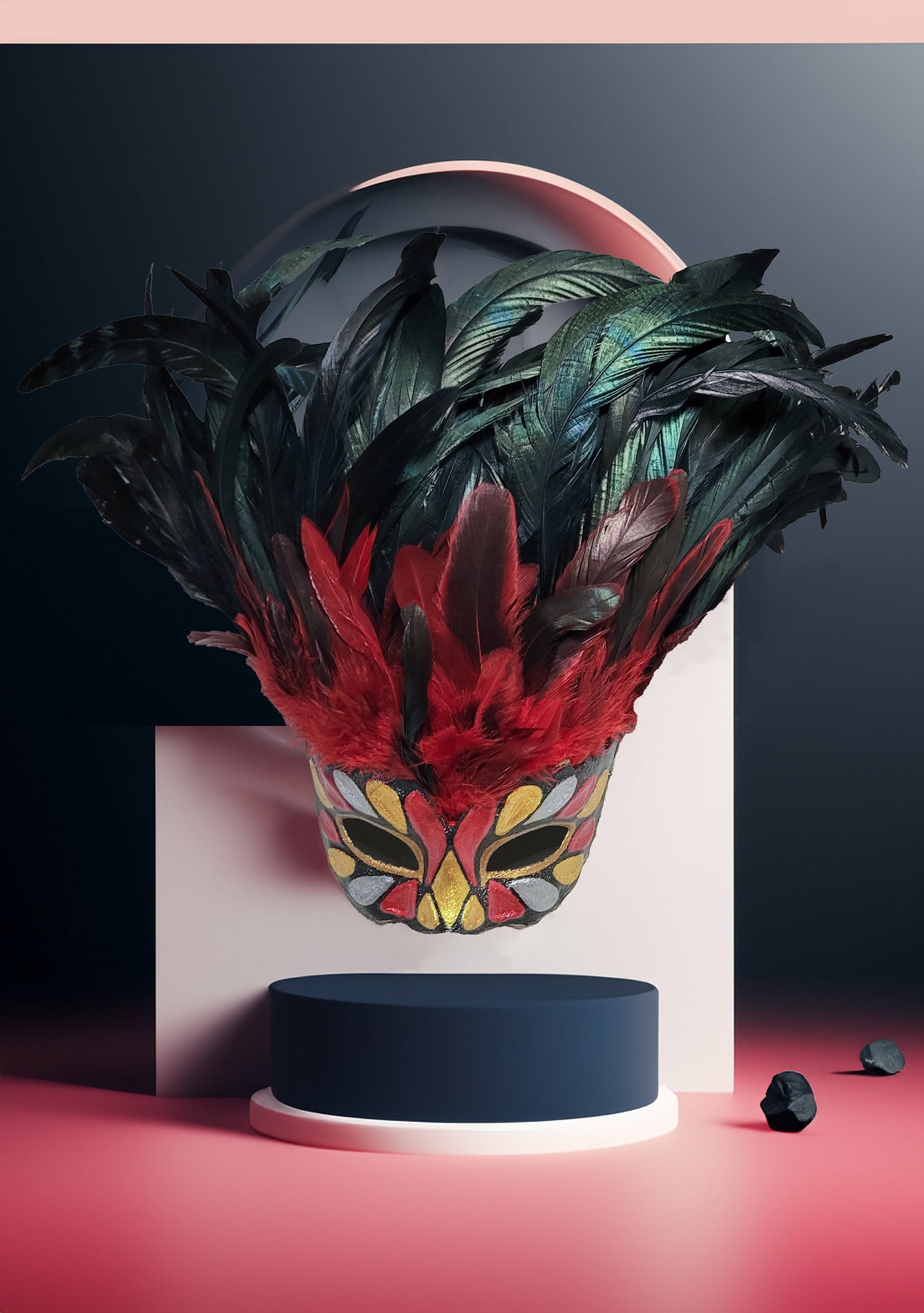 Incas Inspired Venetian Mask - Luxurious Red & Black Feathers with Gold Red