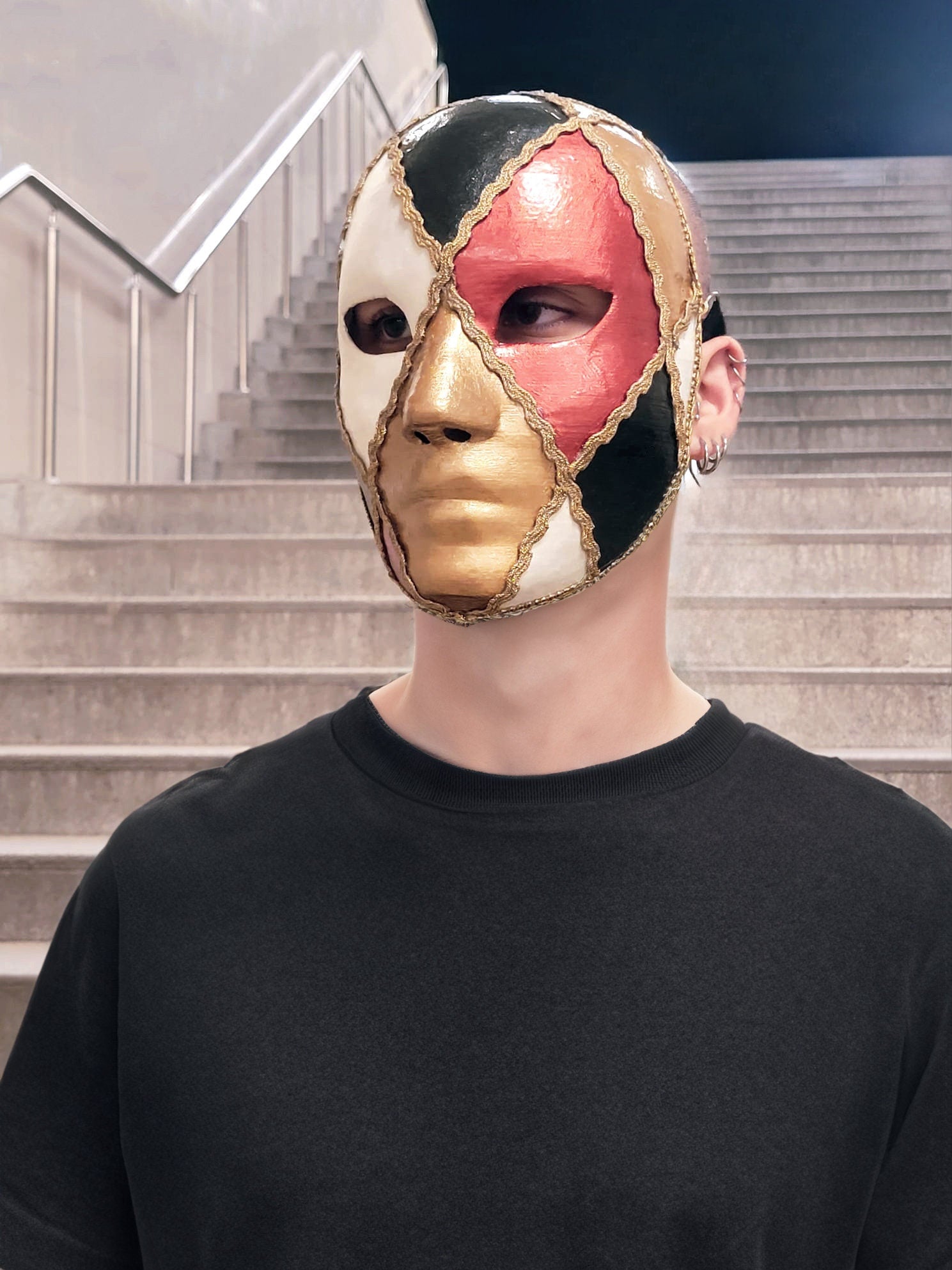 Harlequin Style Red, Gold, Black and White - Venetian Mask - Bauta Mask