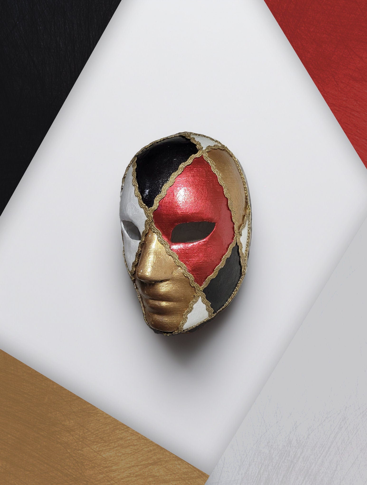 Harlequin Style Red, Gold, Black and White - Venetian Mask - Bauta Mask